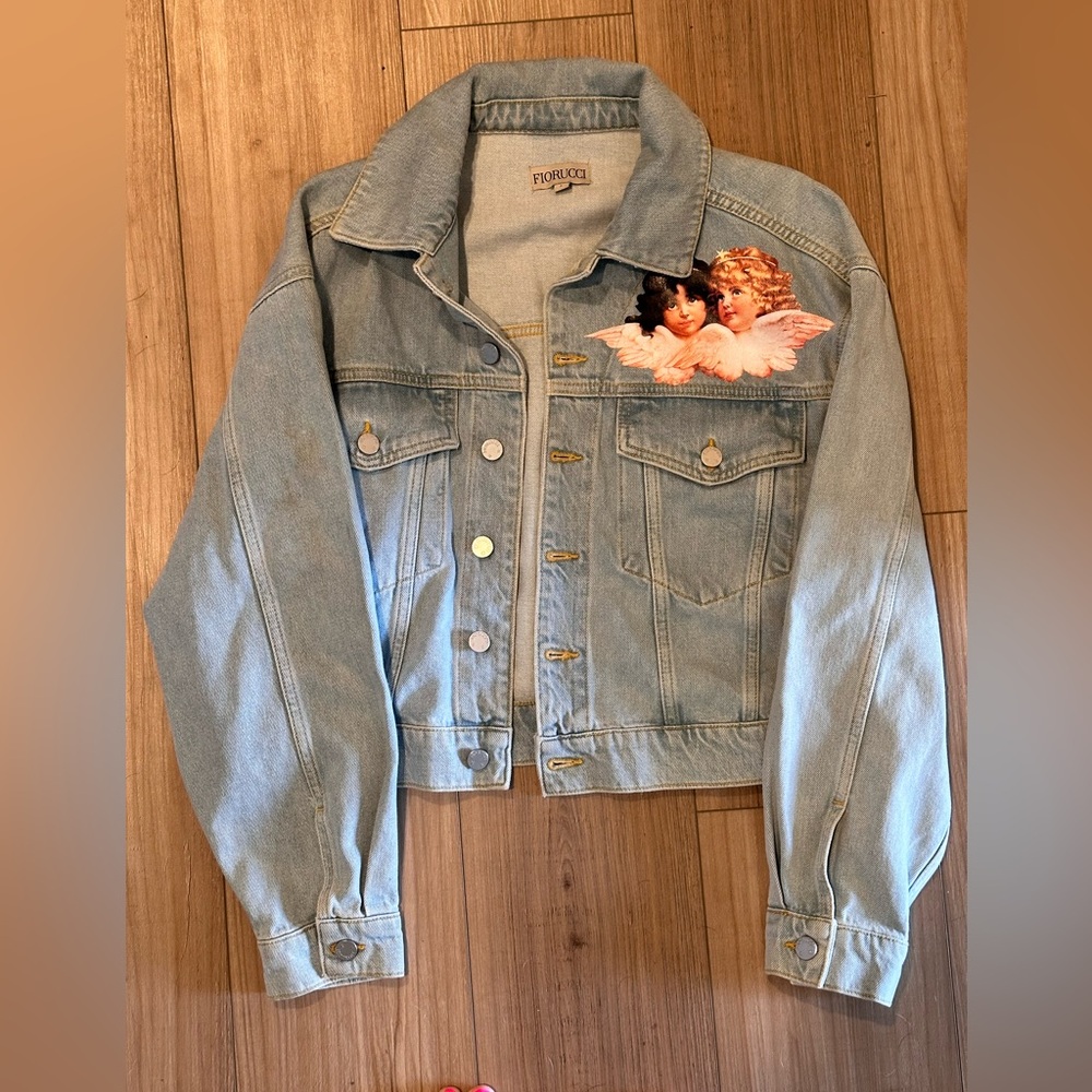 RARE Fiorucci Light Blue Denim Jacket with Angel/Cherub Design